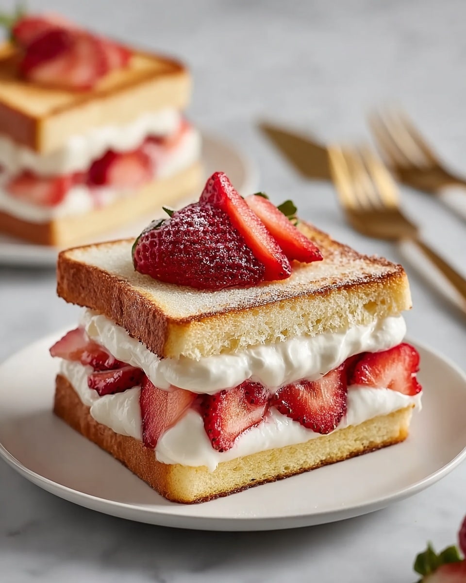 The image shows two layered sandwich-style desserts on white plates with a white marbled surface. Each dessert has three layers: the bottom and top layers are golden-brown toasted bread squares, slightly crispy on the edges. The middle layer consists of glossy, thick white cream spread evenly, topped with fresh bright red sliced strawberries that peek out from between the bread layers. The strawberries appear juicy and fresh, adding a vibrant touch to the smooth cream. On top of the top bread layer sit a few extra strawberry slices, completing the look. The background is softly blurred, highlighting the focus on the front dessert. photo taken with an iphone --ar 4:5 --v 7