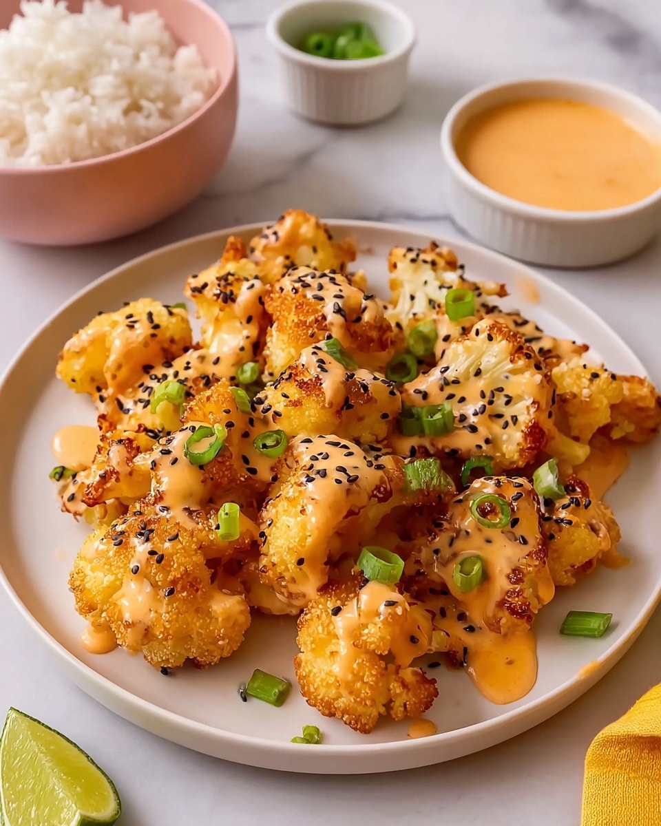 A white plate holds a pile of crispy golden-brown cauliflower florets drizzled with a creamy light orange sauce that spreads unevenly across the surface, sprinkled generously with black sesame seeds and small, chopped bright green scallions that add a fresh pop of color. Around the plate, a bowl of white rice rests to the top left, and a small white ramekin filled with the same creamy orange sauce sits to the top right on a white marbled background. A yellow cloth and a lime wedge peek into the bottom right corner, enhancing the warm tones of the dish. photo taken with an iphone --ar 4:5 --v 7