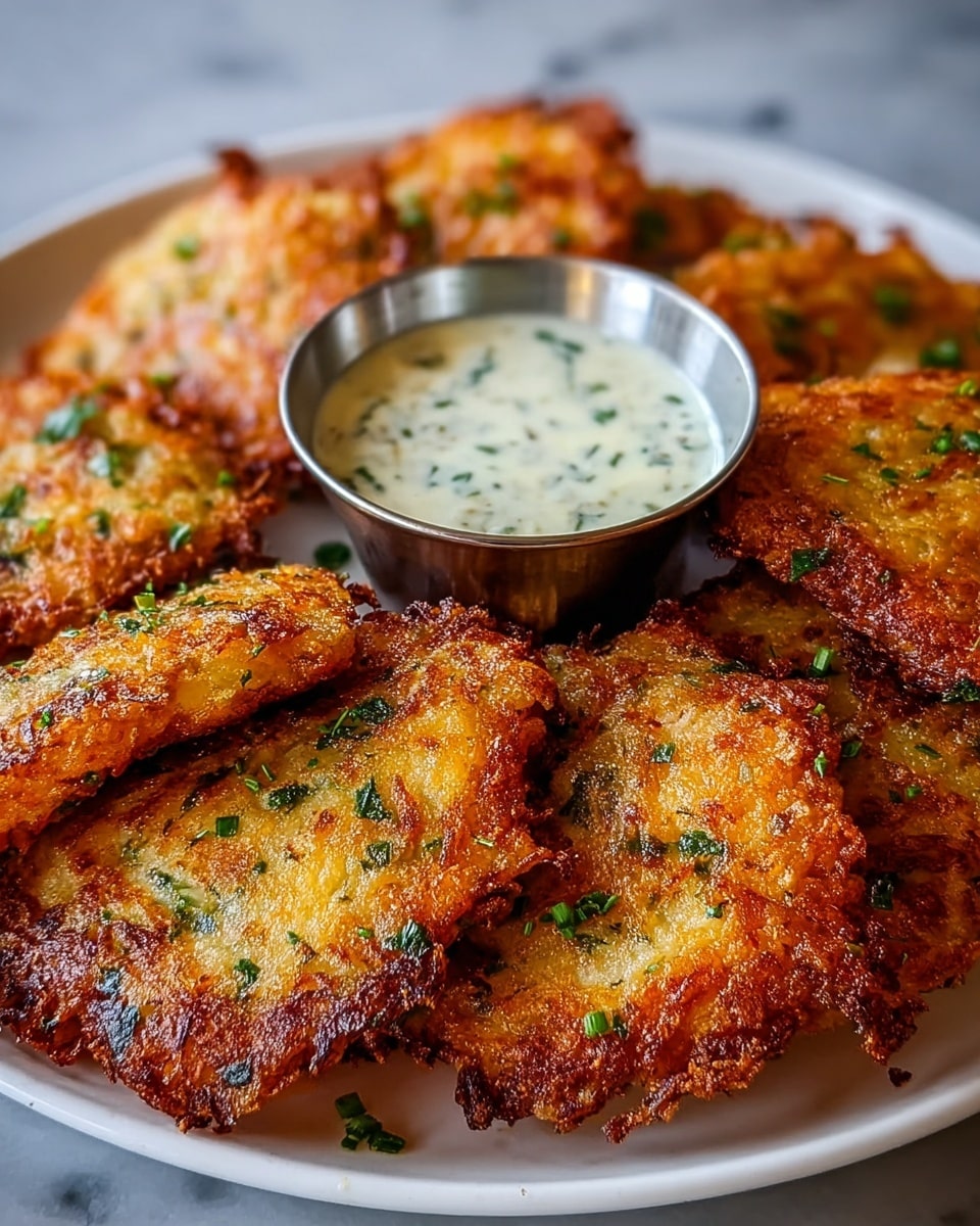 The image shows a close-up of several crispy golden-brown potato pancakes with a rough, crunchy texture and flecks of green herbs scattered on top, arranged in a pile on a white plate. In the center of the plate is a small silver metal cup filled with a creamy white sauce that has small green herb pieces mixed in. The white plate is set on a white marbled surface, creating a clean and bright background. photo taken with an iphone --ar 4:5 --v 7