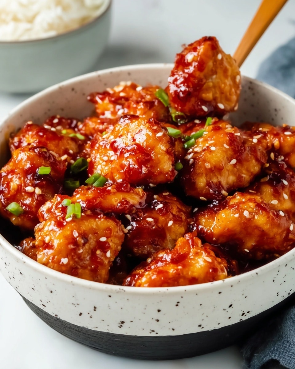 The image shows a bowl filled with pieces of glazed chicken, each piece coated in a shiny, thick orange-brown sauce with visible sesame seeds sprinkled across the surface. The chicken pieces are chunky and tender with a slightly textured, crispy exterior. Small green garnishes, possibly chopped scallions, are scattered over the chicken, adding a fresh green contrast. A wooden chopstick is positioned in the bowl, one sticking into a piece of chicken. The bowl is white with dark speckles and the background is a white marbled texture. Photo taken with an iphone --ar 4:5 --v 7