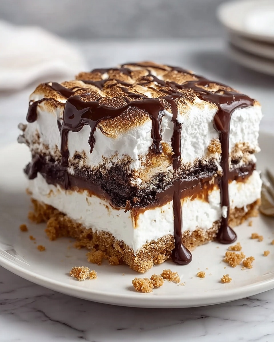 A square piece of dessert with four visible layers sits on a white plate on a white marbled surface. The bottom layer is crumbly and light brown, looking like crushed graham crackers. Above it is a thick, smooth white creamy layer. Next is a darker, moist layer with crushed crumbs mixed in, followed by another thick white creamy layer. The top layer has a toasted, golden brown texture with small puffed areas. Dark, glossy chocolate sauce is drizzled in thin lines over the top, with one thick drip running down the side and pooling on the plate. Small crumbs are scattered around the plate edges. Photo taken with an iphone --ar 4:5 --v 7