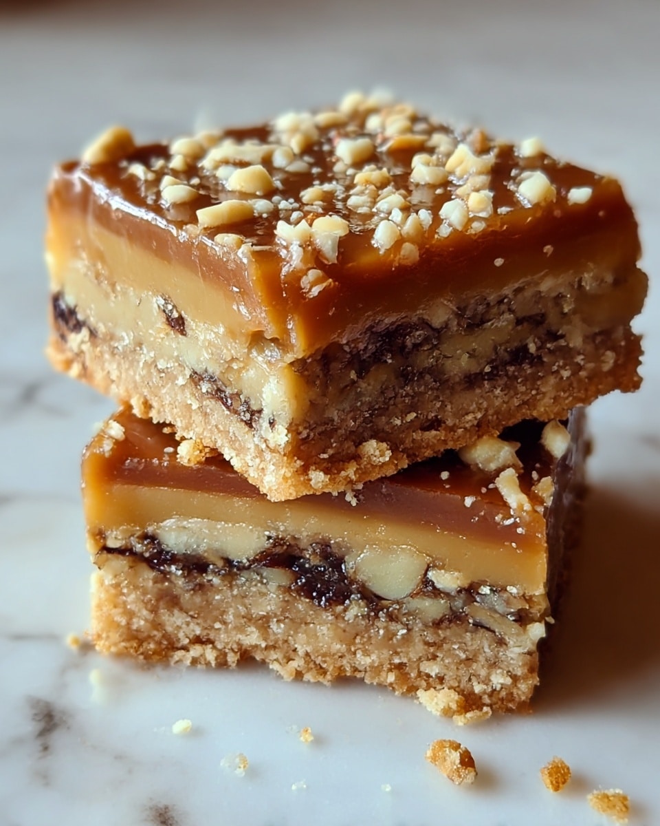 The image shows two stacked dessert bars on a white marbled surface, each bar having three distinct layers. The bottom layer is a crumbly, light brown crust, rough in texture. The middle layer is a darker, moist filling with a slightly grainy appearance, likely containing nuts or spices. The top layer is a thick, glossy caramel topping sprinkled with small chopped nuts, giving it a shiny and textured finish. The bars have a dense and rich look with crumbs scattered around. photo taken with an iphone --ar 4:5 --v 7