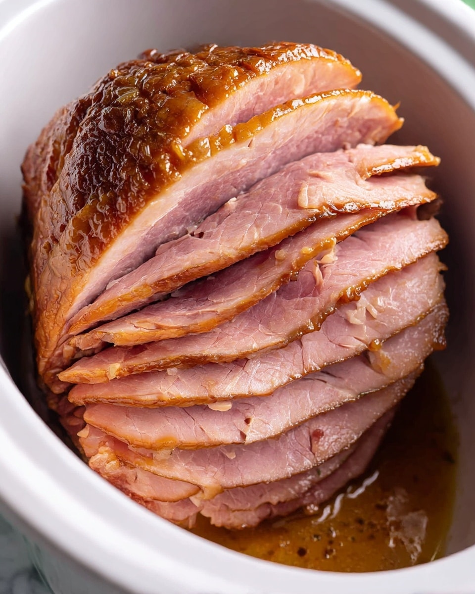 A close-up view of a spiral-sliced ham inside a white slow cooker bowl, showing about 10 thin, pink slices with a glossy, moist texture stacked neatly. The top of the ham has a shiny, browned, caramelized crust with a dark golden-brown and slightly charred surface, while the inside layers reveal tender, juicy meat with a slightly fibrous texture. There is a rich brown sauce pooled around the base, partially covering the bottom few slices. The slow cooker bowl is set against a white marbled surface. Photo taken with an iphone --ar 4:5 --v 7