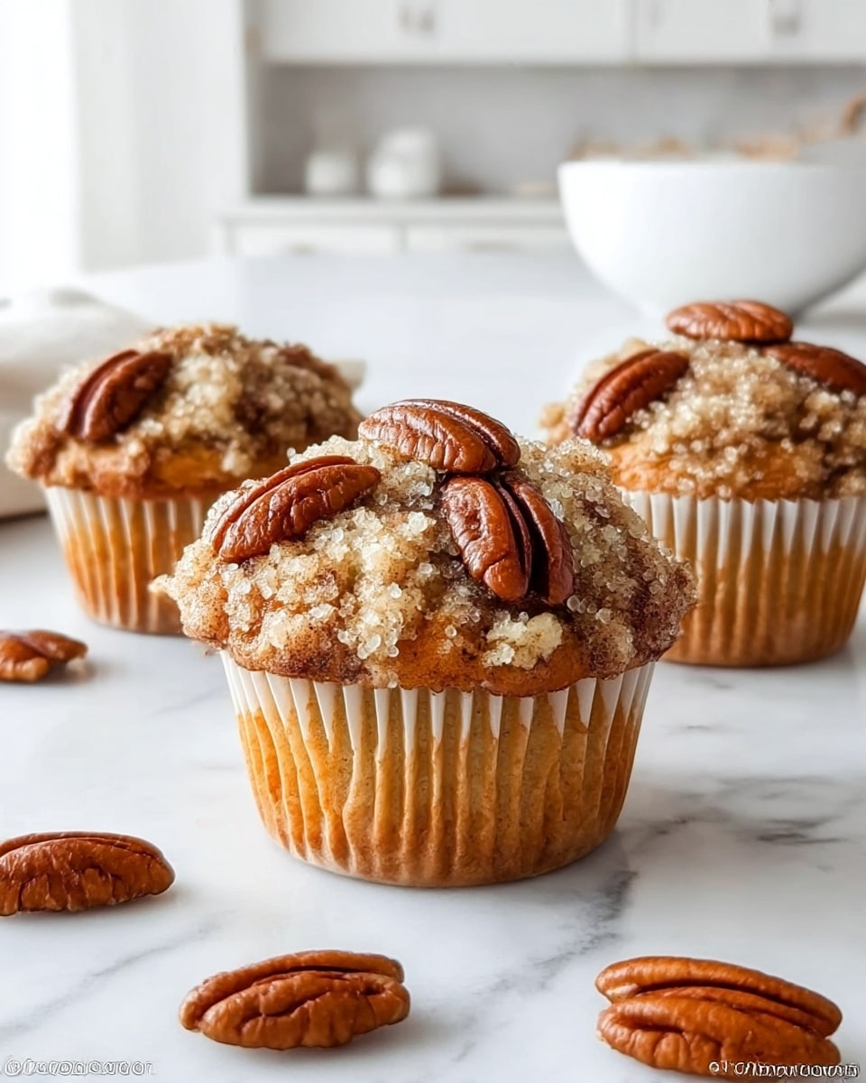 Three muffins are placed on a white marbled surface with a white kitchen in the background. Each muffin has a golden-brown base with a textured, crumbly top layer sprinkled with coarse sugar crystals. On top, there are several whole pecans embedded, giving a dark brown color contrast. Around the muffins lie a few loose pecan halves, showing their ridged texture. In the background, a folded beige and white striped cloth rests on the marble counter. The scene is bright and clear, highlighting the muffins' crunchy tops and soft bases. photo taken with an iphone --ar 4:5 --v 7