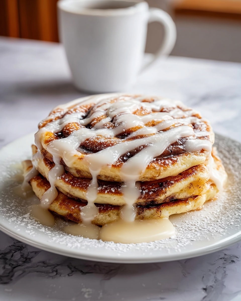 A stack of three thick, golden brown cinnamon swirl pancakes sits on a white plate, each layer showing a warm mix of light beige dough and dark cinnamon spirals. A smooth white glaze is generously drizzled over the top pancake, flowing slightly down the sides, adding a glossy finish. The pancakes rest in a shallow pool of amber syrup that softly reflects the light. Fine dustings of powdered sugar lightly cover the plate's surface around the pancakes. Behind the plate, a white coffee cup is visible on a white marbled textured surface. Photo taken with an iphone --ar 4:5 --v 7