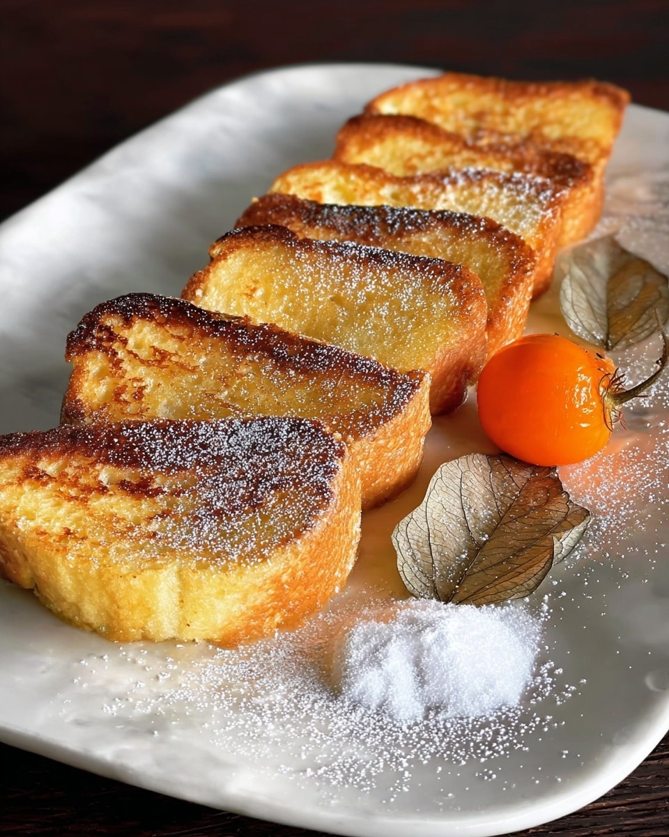 Five slices of golden-brown fried bread with a crispy outer layer and soft inside are arranged in a line on a shiny white plate. The bread slices have uneven browning with darker spots, showing their toasted texture. Behind the slices, there is a small pile of fine white sugar, and next to it, a small bright orange physalis fruit with some light brown, papery husk leaves. The plate sits on a white marbled surface, adding a clean and elegant contrast to the warm colors of the bread and fruit. photo taken with an iphone --ar 4:5 --v 7