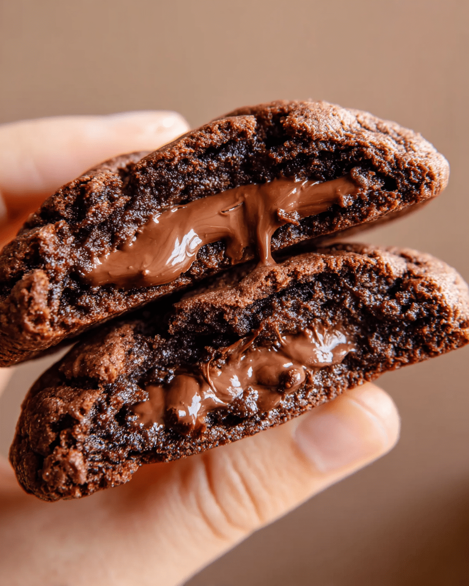 A close-up of a thick chocolate cookie broken into two halves held by a woman's hand, showing a rich, glossy melted chocolate layer sandwiched between two dense, fudgy, and slightly cracked dark brown cookie layers. The cookie edges have a rough texture, and the melting chocolate filling looks smooth and shiny, oozing slightly from the center. The background is a soft, white marbled texture that makes the cookie stand out clearly. photo taken with an iphone --ar 4:5 --v 7
