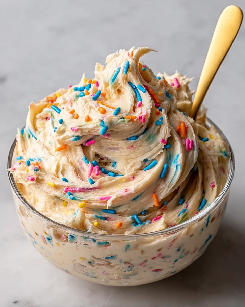 The image shows a clear glass bowl filled with a thick, creamy mixture that is light beige in color with small colorful sprinkles mixed throughout, giving it a fun and festive look. The mixture is swirled high above the rim in smooth, soft peaks, creating a fluffy texture with visible specks of blue, pink, orange, and yellow sprinkles. A gold spoon is inserted into the bowl on the right side, slightly hidden by the swirls. The bowl sits on a white marbled surface, creating a clean and bright background that highlights the dessert. photo taken with an iphone --ar 4:5 --v 7