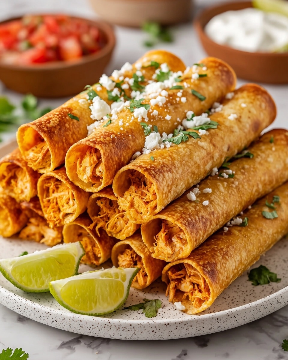 A stack of nine rolled, golden-brown taquitos arranged in two layers on a white plate with speckled texture, each taquito filled with shredded orange chicken visible at the open ends. The taquitos are sprinkled with small white cheese crumbles and fresh green cilantro leaves, with two lime wedges placed on the plate's left side. In the background, there are two small brown bowls, one with a red tomato salsa and the other with white sour cream, all set on a white marbled surface. photo taken with an iphone --ar 4:5 --v 7