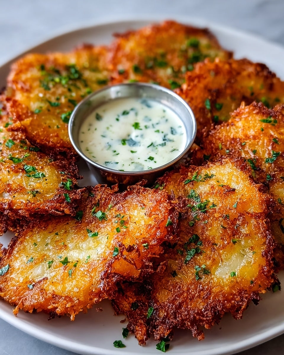The image shows a gray plate filled with crispy, golden-brown fried potato pancakes, each one slightly irregular in shape with rough edges and speckled with green herbs on top. The pancakes look crunchy and textured with browned spots from frying. In the middle of the plate, there is a small metal cup of creamy white sauce with green herb pieces visible in the sauce. The plate rests on a white marbled surface. photo taken with an iphone --ar 4:5 --v 7