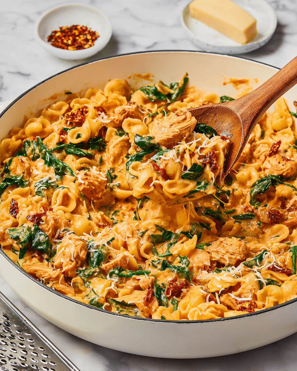 A large white pan filled with creamy orzo pasta mixed with bright green spinach leaves, small golden-brown chicken pieces, and bits of sun-dried tomatoes scattered throughout. The orzo is coated in a rich, slightly orange cheese sauce giving a smooth texture, and the dish is being stirred with a wooden spoon held by a woman's hand. In the background, there is a white small bowl with red chili flakes, a metal cheese grater with a block of cheese on top, all set on a white marbled surface. photo taken with an iphone --ar 4:5 --v 7