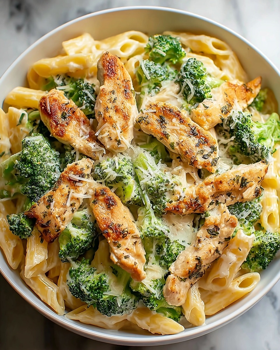 A white bowl filled with creamy penne pasta forms the bottom layer, showing a smooth pale yellow color and slightly glossy texture. On top of the pasta, there are bright green broccoli florets scattered evenly, adding a fresh and vibrant look with a slightly rough texture. The top layer consists of golden-brown grilled chicken strips, lightly charred and juicy-looking, placed evenly all over the broccoli and pasta. The dish is covered in a light layer of melted cheese, giving a creamy and slightly stringy texture that ties all the ingredients together. The whole presentation sits on a white marbled surface. Photo taken with an iphone --ar 4:5 --v 7