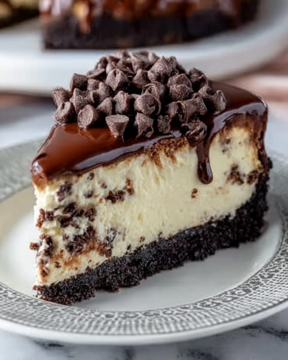 A close-up of a two-layer dessert slice on a white plate with a decorative border, sitting on a white marbled surface. The bottom layer is dark brown and crumbly, looking like a cookie or brownie crust. The thick middle layer is creamy and pale yellow, smooth in texture with some small dark pieces mixed inside. The top layer is a shiny, rich chocolate ganache that drips slightly over the side. On top of the ganache, there is a small pile of dark chocolate chips, adding texture and contrast. Photo taken with an iphone --ar 4:5 --v 7